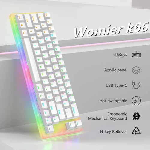  [아마존베스트]Womier K66 60% Keyboard, Hot Swappable Tyce-C Wired RGB Backlit Gateron Switch 60% Mechanical Keyboard with Crystalline Base for Win/Mac (Blue Switch,White)
