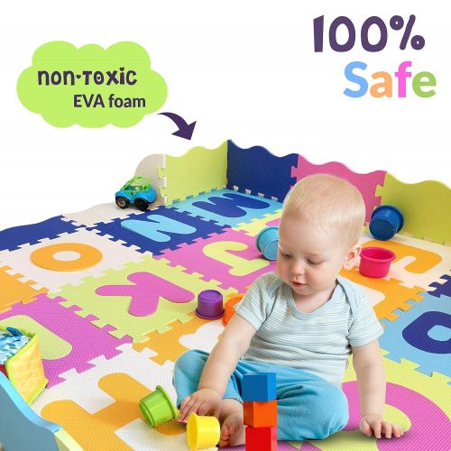  Wonder Bebe Baby Play Mat with Fence, foam letters, and tiles. Playmat for kids, toddlers, & infants. Tummy Time mat, Ball pit, activity center gym floor playpen. 57x 57, over 74 across!