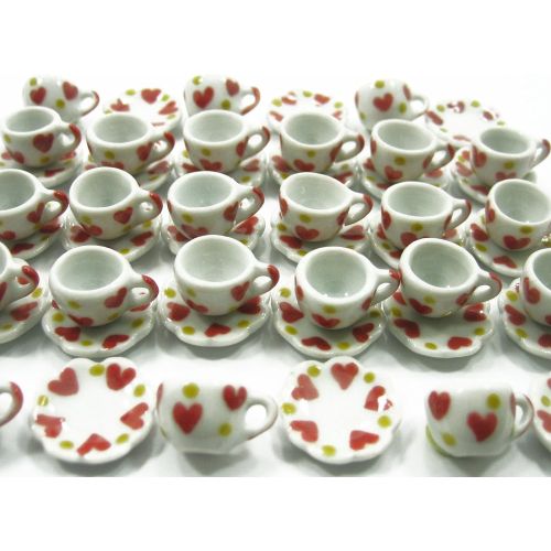  Wonder Miniature 24/48 Heart Coffee Cup Saucer Scallop Plate Dollhouse Miniature Ceramic #S 3895
