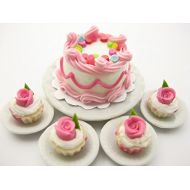 Wonder Miniature Dollhouse Miniatures Food Cake & Rose Cupcake Ceramic Plate Supply Set 13377