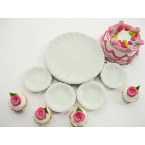  Wonder Miniature Dollhouse Miniatures Food Cake & Rose Cupcake Ceramic Plate Supply Set 13377
