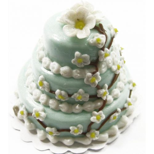  Wonder Miniature New Dollhouse Miniature Food 3 Layer Wedding Blue Cake Mixed Flower Supply - 7475