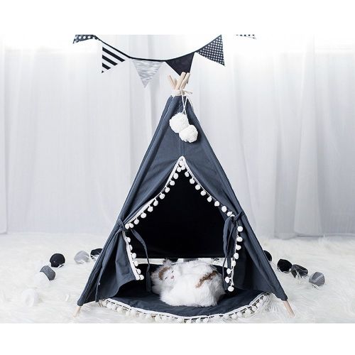  Wonder Space Pet Teepee House - 28 Inch 5-Pole Grey Canvas Tent with Pom Pom Opening, Comes with Cushion &Free Hangings & Name Blackboard, Elegant Cat Dog Puppy Snuggle Bed Furnitu