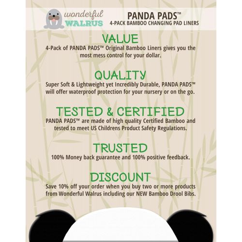  Wonderful Walrus Changing Pad Liners BAMBOO 4-PACK  Softer, Thicker & Cute 3 layer 14” x 27” Design. Panda Pads - A Waterproof Mat to cover your Diaper Changing Table, Diaper Changing Pad or Mattr