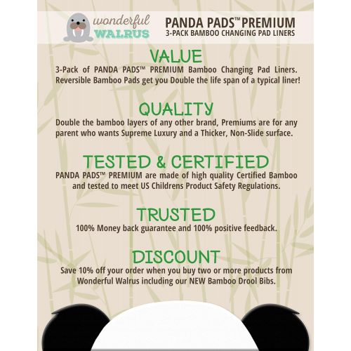  Wonderful Walrus Changing Pad Liners BAMBOO REVERSIBLE 3-PACK - Softer, Thicker, No Stain 3 layer Design. Panda...