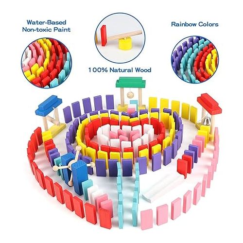  1000 PCS Bulk Dominoes Set for Kids with Extra 11 Blocks, Wooden Building Blocks 10 Colors Dominoes Racing Tile Games Educational Toy for Kids Birthday Party with Storage Bag