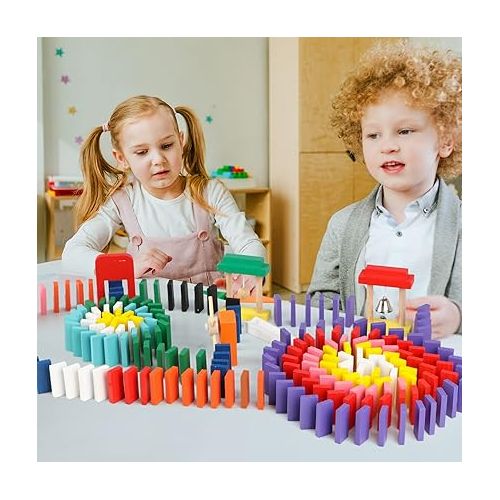  1000 PCS Bulk Dominoes Set for Kids with Extra 11 Blocks, Wooden Building Blocks 10 Colors Dominoes Racing Tile Games Educational Toy for Kids Birthday Party with Storage Bag