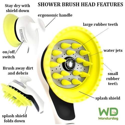  Wondurdog All-In-One Quality Dog Shower Kit | Innovative Shower Brush and Splash Shield | Keep Water Away From Dogs Ears, Eyes and Yourself | 8 ft Flexible Metal Hose, Shower Diverter and Su