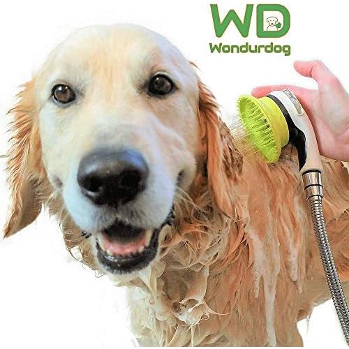  Wondurdog All-In-One Quality Dog Shower Kit | Innovative Shower Brush and Splash Shield | Keep Water Away From Dogs Ears, Eyes and Yourself | 8 ft Flexible Metal Hose, Shower Diverter and Su