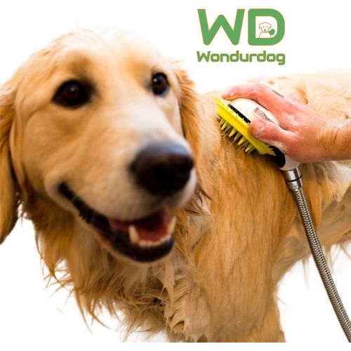  Wondurdog All-In-One Quality Dog Shower Kit | Innovative Shower Brush and Splash Shield | Keep Water Away From Dogs Ears, Eyes and Yourself | 8 ft Flexible Metal Hose, Shower Diverter and Su