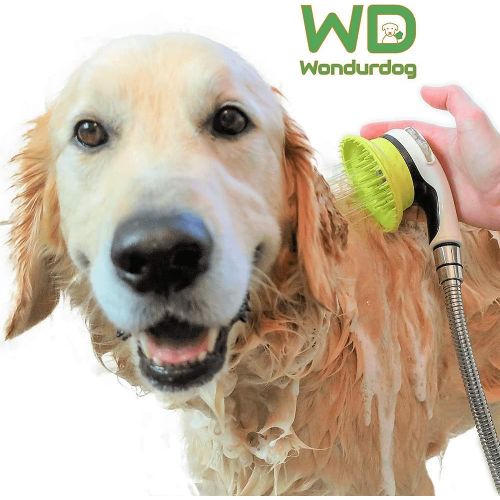  Wondurdog All-In-One Quality Dog Shower Kit | Innovative Shower Brush and Splash Shield | Keep Water Away From Dogs Ears, Eyes and Yourself | 8 ft Flexible Metal Hose, Shower Diverter and Su