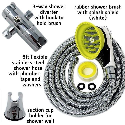  Wondurdog All-In-One Quality Dog Shower Kit | Innovative Shower Brush and Splash Shield | Keep Water Away From Dogs Ears, Eyes and Yourself | 8 ft Flexible Metal Hose, Shower Diverter and Su