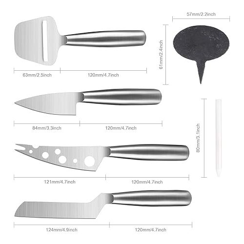  WoneNice Cheese Knives and Slate Markers Set - Collection Cheese Knife Gifts Set with 3 Long Handle Stainless Steel Cheese Knife & 1 Cheese Slicer & 3 Cheese Markers and 2 Soapstone Chalks