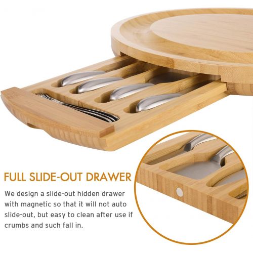  [아마존베스트]WoneNice Oval Cheese Board Set with Hidden Cutlery Drawer and 4 Stainless Steel Knife & 4 Cheese Forks, 16X13 inches Extra Spaces Serving Board, Gifts for Christmas, Birthday/Parti