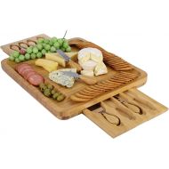 [아마존베스트]WoneNice Bamboo Cheese Board Server Set with 2 Slide-Out Drawer and 8 Stainless Steel Knife, 16X14 inches Extra Spaces Serving Board, Gifts for Thanksgiving, Christmas, Wedding and