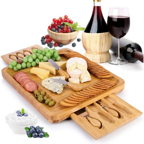  [아마존베스트]WoneNice Bamboo Cheese Board Server Set with 2 Slide-Out Drawer and 8 Stainless Steel Knife, 16X14 inches Extra Spaces Serving Board, Gifts for Thanksgiving, Christmas, Wedding and