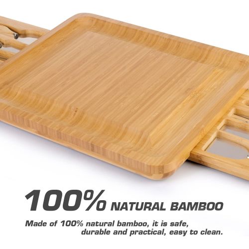  [아마존베스트]WoneNice Bamboo Cheese Board Server Set with 2 Slide-Out Drawer and 8 Stainless Steel Knife, 16X14 inches Extra Spaces Serving Board, Gifts for Thanksgiving, Christmas, Wedding and