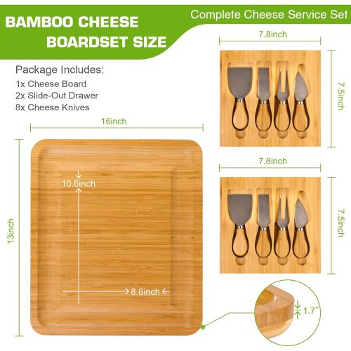  [아마존베스트]WoneNice Bamboo Cheese Board Server Set with 2 Slide-Out Drawer and 8 Stainless Steel Knife, 16X14 inches Extra Spaces Serving Board, Gifts for Thanksgiving, Christmas, Wedding and