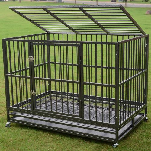  Wonlink Heavy Duty 36/42/48 inch Dog Crate Strong Folding Metal Pet Kennel Playpen with Three Prevent Escape Lock, Large Dogs Cage with Four Wheels, Black Silver