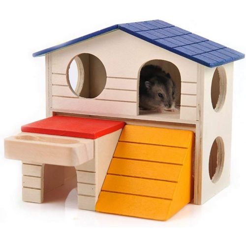 Wontee Hamster Hideout Hut Small Animals Two Layers Wooden House for Mice Gerbil Rat Dwarf Hamster Cage Exercise Toy