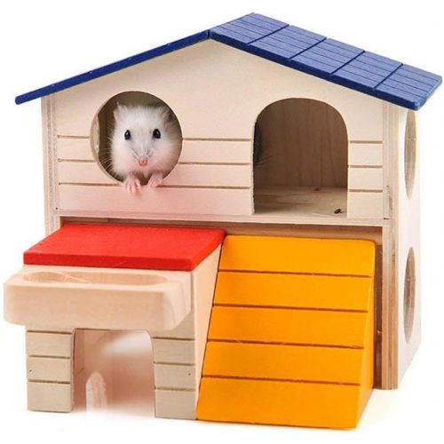  Wontee Hamster Hideout Hut Small Animals Two Layers Wooden House for Mice Gerbil Rat Dwarf Hamster Cage Exercise Toy