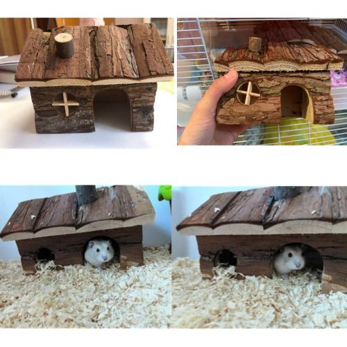  Wontee Hamster Wooden House with Chimney Small Pets Hideout for Dwarf Hamster Cage Play Hut