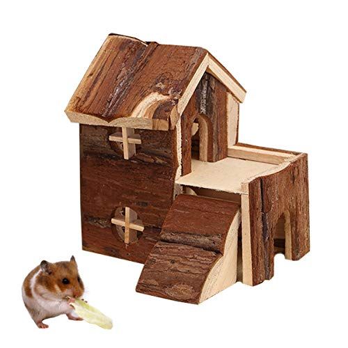  Wontee Hamster Wooden House Double Layers Hideout Hut for Dwarf Hamster Mouse Rat Gerbil