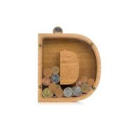 WoodPresents Wood piggy bank for kids and adults SMALL LETTER Personalized coin bank for boys and girls Wooden tip jar Baby shower gifts Modern money box