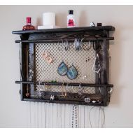 /WoodSignatureDesigns Wall Mounted Jewelry Holder. With your choice of stain & metal background. Necklace hooks, 2 bracelet bars, LARGE earring storage