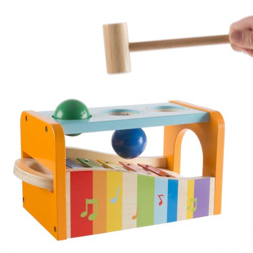  Wooden Bench Toy with Musical Xylophone and Interactive Pounding Hammer and Balls, Educational Toy by Hey! Play! by Hey! Play!