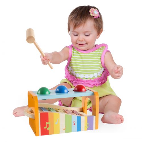  Wooden Bench Toy with Musical Xylophone and Interactive Pounding Hammer and Balls, Educational Toy by Hey! Play! by Hey! Play!