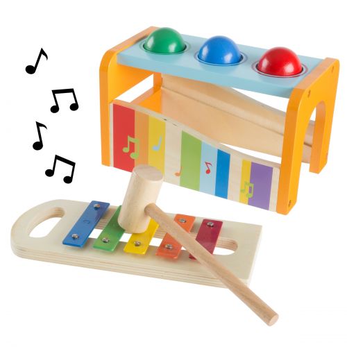  Wooden Bench Toy with Musical Xylophone and Interactive Pounding Hammer and Balls, Educational Toy by Hey! Play! by Hey! Play!