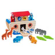 Wooden Noah’s Ark Playset: Educational Chunky Animal Toys in Pairs for Toddlers, ColorfulNon-Toxic Paint, Smooth Edges Safe Figurines Easy to Hold, Preschool Boys and Girls, Motor