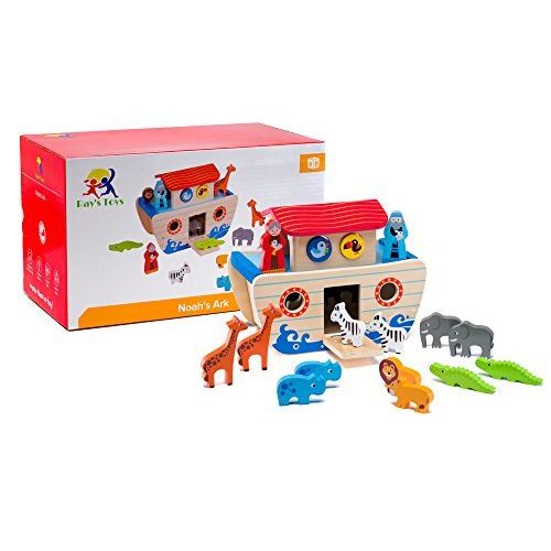  Wooden Noah’s Ark Playset: Educational Chunky Animal Toys in Pairs for Toddlers, ColorfulNon-Toxic Paint, Smooth Edges Safe Figurines Easy to Hold, Preschool Boys and Girls, Motor