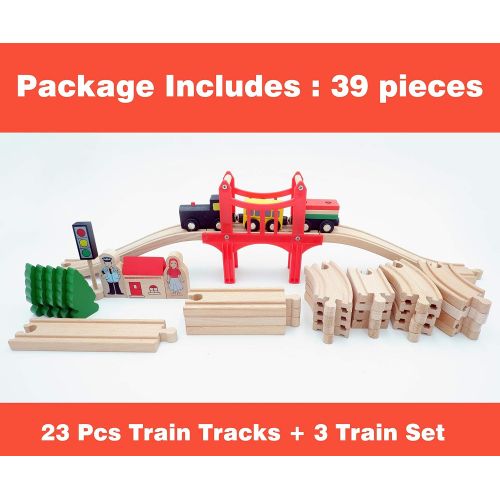  Wooden Train Set Starter 39-Piece Track Pack with Bridge Fits Thomas Brio Chuggington, Engine & Passenger Car, Kids Friendly Building & Construction-Expandable, Changeable-Fun for