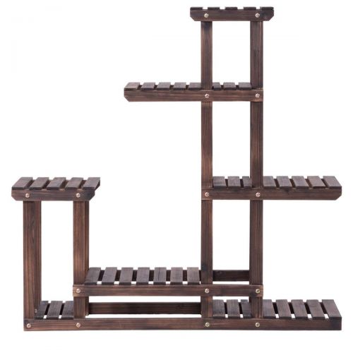  Wooden COSTWAY Flower Plant Stand Multi Bonsai Display Shelf Indoor Outdoor Yard Garden Patio Balcony Multifunctional Storage Bookshelf W/Hollow-Out Rack (6 Wood Shelves 10 P, Show