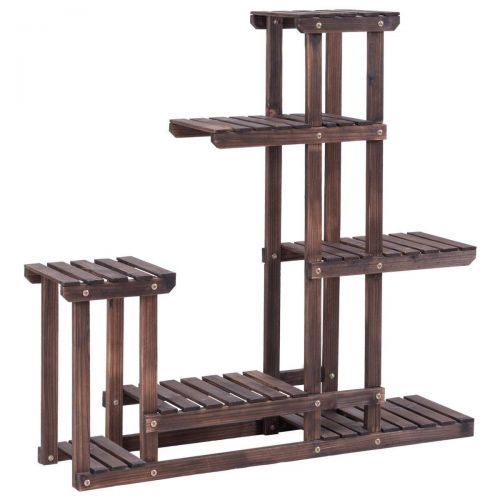  Wooden COSTWAY Flower Plant Stand Multi Bonsai Display Shelf Indoor Outdoor Yard Garden Patio Balcony Multifunctional Storage Bookshelf W/Hollow-Out Rack (6 Wood Shelves 10 P, Show