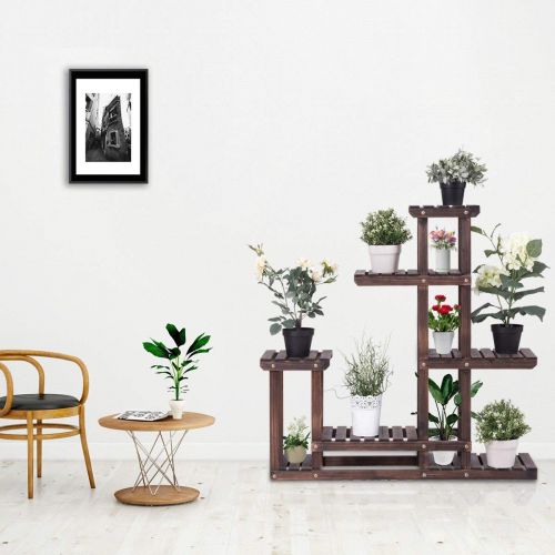  Wooden COSTWAY Flower Plant Stand Multi Bonsai Display Shelf Indoor Outdoor Yard Garden Patio Balcony Multifunctional Storage Bookshelf W/Hollow-Out Rack (6 Wood Shelves 10 P, Show