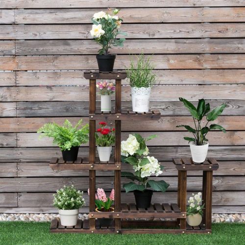  Wooden COSTWAY Flower Plant Stand Multi Bonsai Display Shelf Indoor Outdoor Yard Garden Patio Balcony Multifunctional Storage Bookshelf W/Hollow-Out Rack (6 Wood Shelves 10 P, Show