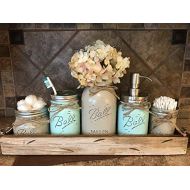 Wooden Hearts Ball Mason Jar BATHROOM ULTIMATE SET Antique WHITE Tray ~Toothbrush, Quart Jar (flower optional) Cotton Ball Soap Dispenser ~JARS Distressed Stainless Steel Accessories Gray Blue G