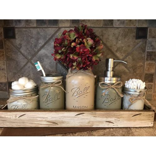  Wooden Hearts Ball Mason Jar BATHROOM ULTIMATE SET Antique WHITE Tray ~Toothbrush, Quart Jar (flower optional) Cotton Ball Soap Dispenser ~JARS Distressed Stainless Steel Accessories Gray Blue G