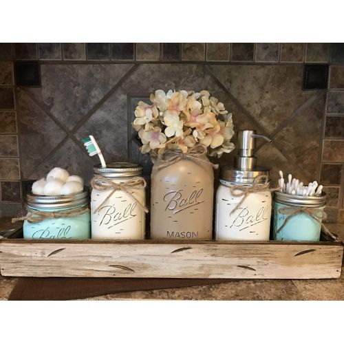  Wooden Hearts Ball Mason Jar BATHROOM ULTIMATE SET Antique WHITE Tray ~Toothbrush, Quart Jar (flower optional) Cotton Ball Soap Dispenser ~JARS Distressed Stainless Steel Accessories Gray Blue G