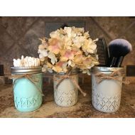 WoodenHeartsInc MASON Jar Decor Distressed Ball MINI QUILTED Hand Painted Jars Cream Tan Brown Gray Teal Blue Bathroom Kitchen Q-tip Makeup Toothpick Holder