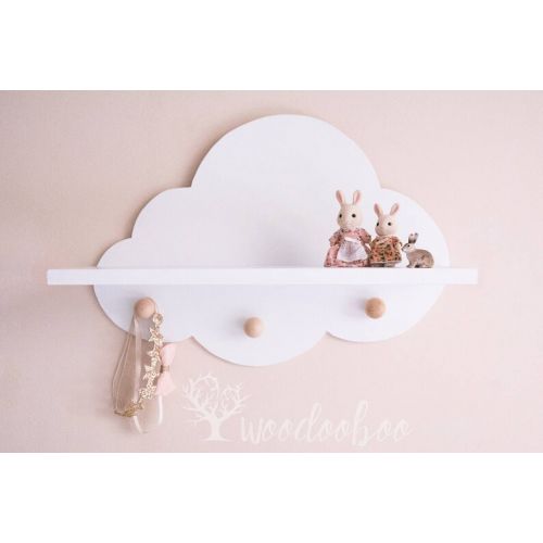  Woodooboo White cloud shelf, cloud shelf with hooks, nursery peg shelf, shelf with knobs, nursery shelves, white floating shelf, cloud floating shelf