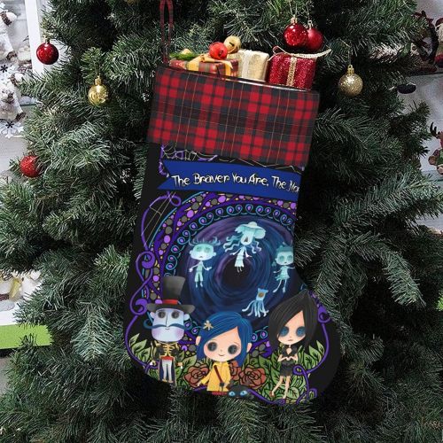  Woodyotime Horror Movie Cartoon Christmas Hanging Stockings Plaid Stitching Xmas Fireplace Socks Candy Bag Santa Christmas Tree Hanging Decoration