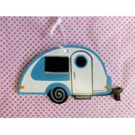 /Woodzel Teardrop Camper Wooden Ornament T@B Camper. custom colors