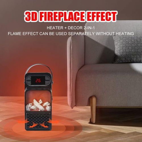  WOOLALA Electric Mini Heater with 3D Flame Effect, Portable Fireplace Space Heater Ceramic Fast Heating with Timer for Office Bedroom Personal