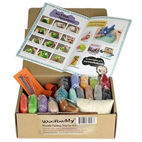  [아마존베스트]Woolbuddy Needle Felting Starter Kit 16 Wool Colors, Felting Foam Mat, 6 Needles, 3 Thimbles, Instruction Book, Arts and Crafts, Easy for Beginners