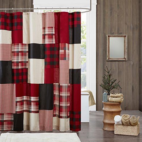  Woolrich Plaid Lodge Cotton Shower Machine Washable Classic Holiday Country House Curtains, 72x72, Red