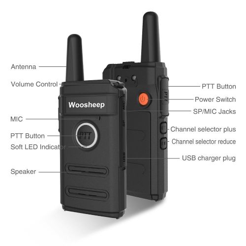  Woosheep Ultra Slim Long Range Two-Way Radios with Earpiece 2 Pack Portable Ultra-Thin UHF 400-470Mhz Rechargeable Walkie Talkies Li-ion Battery and Charger Included